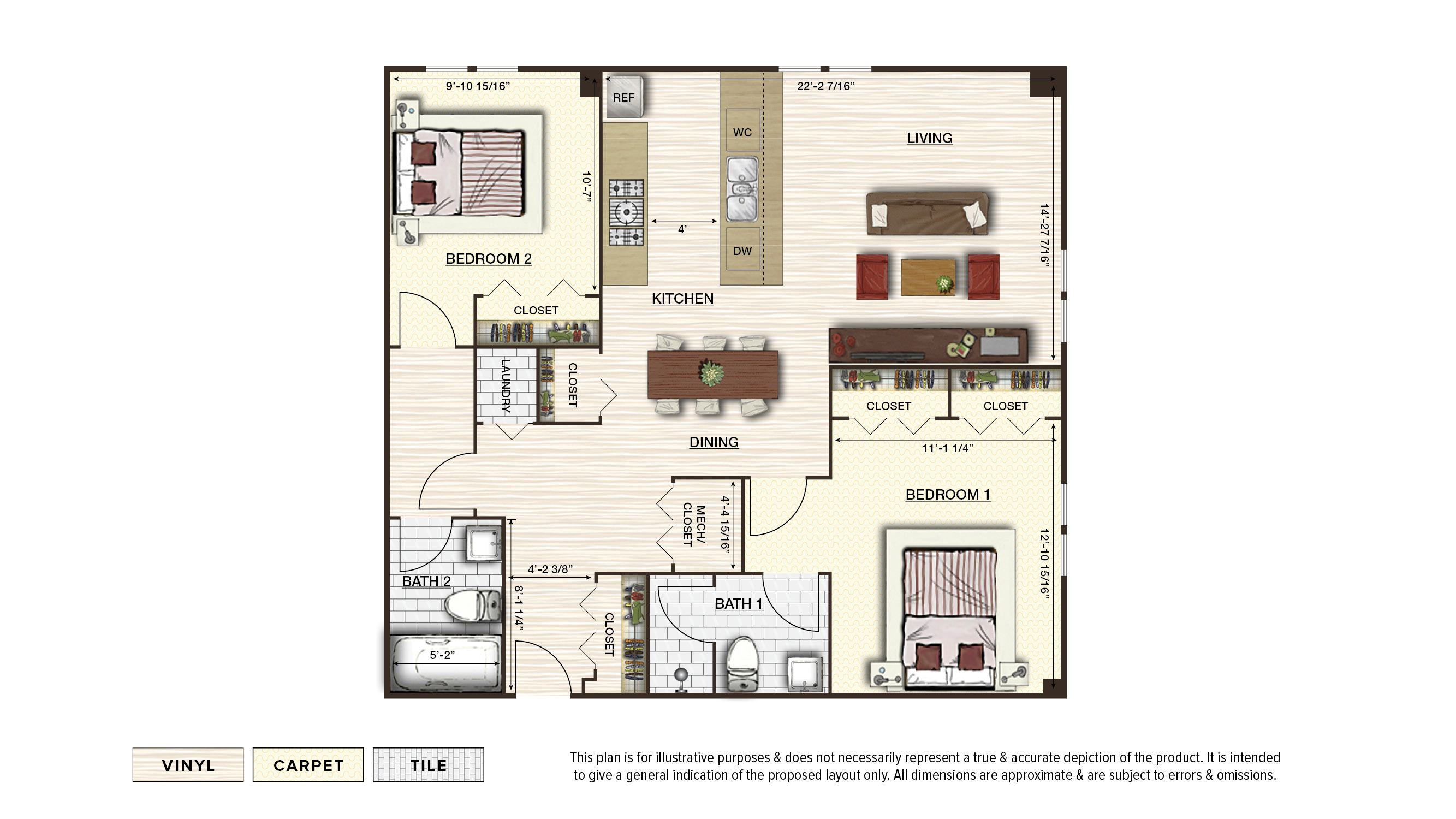 The Summit 1 apartment floor plan with 2 bedrooms and 2 baths